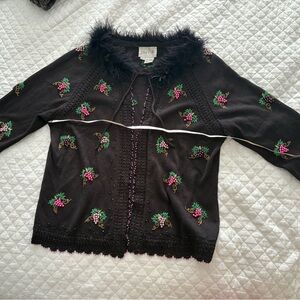 Just Be Black and Pink Floral Embroidered Cardigan Sweater